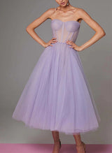 A-Line Sweetheart Sleeveless Tea-Length Tulle Homecoming Dresses-Ballbella