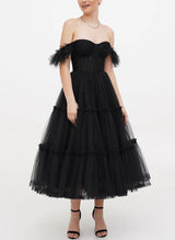 A-Line Sweetheart Sleeveless Tea-Length Tulle Homecoming Dresses-Ballbella