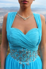 A-line Sweetheart Wide Strap Floor Length Chiffon Rhinestone Prom Dress-Ballbella