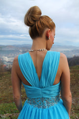 A-line Sweetheart Wide Strap Floor Length Chiffon Rhinestone Prom Dress-Ballbella