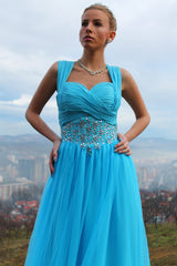 A-line Sweetheart Wide Strap Floor Length Chiffon Rhinestone Prom Dress-Ballbella