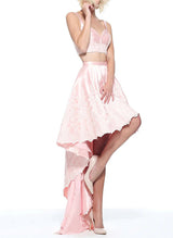 A-Line Two Pieces Sweetheart Asymmetrical Lace/Satin Homecoming Dresses-Ballbella
