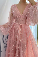 A-line V-neck Beaded Tulle Floor-length Long Sleeve Classy Prom Dress-Ballbella