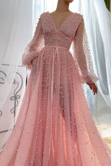A-line V-neck Beaded Tulle Floor-length Long Sleeve Classy Prom Dress-Ballbella