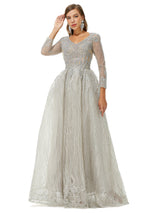 A-line V-neck Beading Floor-length Long Sleeve Open Back Lace Prom Dress-Ballbella