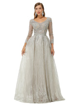 A-line V-neck Beading Floor-length Long Sleeve Open Back Lace Prom Dress-Ballbella