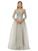 A-line V-neck Beading Floor-length Long Sleeve Open Back Lace Prom Dress-Ballbella