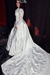 A-line V-neck Floor Length Chapel Charmuse Applique Bow Wedding Dress-Ballbella