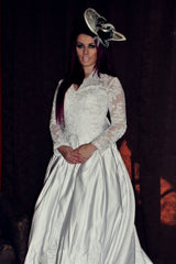 A-line V-neck Floor Length Chapel Charmuse Applique Bow Wedding Dress-Ballbella