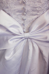 A-line V-neck Floor Length Chapel Charmuse Applique Bow Wedding Dress-Ballbella