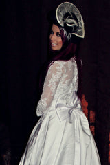 A-line V-neck Floor Length Chapel Charmuse Applique Bow Wedding Dress-Ballbella