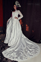 A-line V-neck Floor Length Chapel Charmuse Applique Bow Wedding Dress-Ballbella