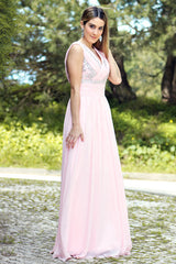 A-line V-neck Floor Length Chiffon Rhinestone Backless Prom Dress-Ballbella