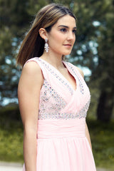 A-line V-neck Floor Length Chiffon Rhinestone Backless Prom Dress-Ballbella