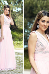 A-line V-neck Floor Length Chiffon Rhinestone Backless Prom Dress-Ballbella
