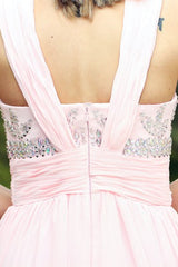 A-line V-neck Floor Length Chiffon Rhinestone Backless Prom Dress-Ballbella