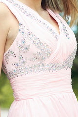 A-line V-neck Floor Length Chiffon Rhinestone Backless Prom Dress-Ballbella