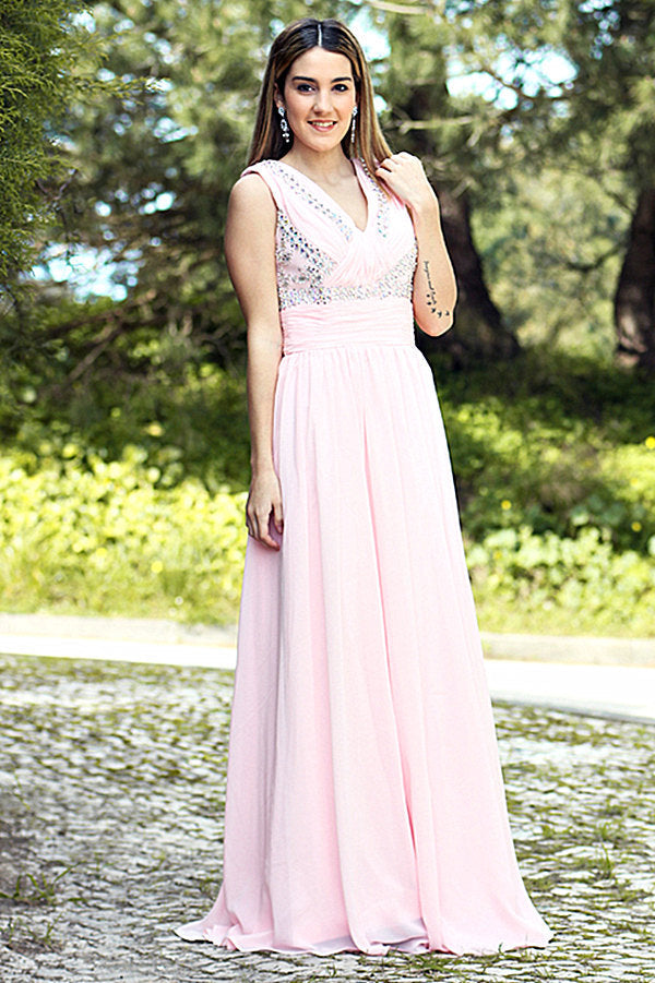 A-line V-neck Floor Length Chiffon Rhinestone Backless Prom Dress A-line V-neck Floor Length Chiffon Rhinestone Backless Prom Dress
