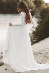 A-Line V-neck Floor-length Long Sleeve Lace Appliques Lace Wedding Dress-Ballbella