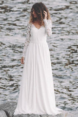 A-Line V-neck Floor-length Long Sleeve Lace Appliques Lace Wedding Dress-Ballbella