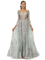 A-line V-neck Floor-length Long Sleeve Open Back Appliques Lace Prom Dress-Ballbella