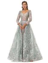 A-line V-neck Floor-length Long Sleeve Open Back Appliques Lace Prom Dress-Ballbella