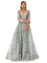 A-line V-neck Floor-length Long Sleeve Open Back Appliques Lace Prom Dress-Ballbella
