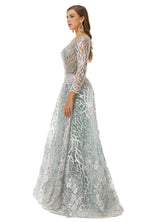 A-line V-neck Floor-length Long Sleeve Open Back Appliques Lace Prom Dress-Ballbella