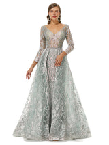 A-line V-neck Floor-length Long Sleeve Open Back Appliques Lace Prom Dress-Ballbella
