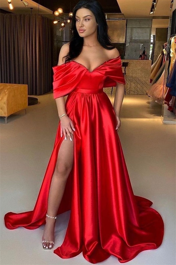 A-Line V-Neck Floor-Length Off-The-Shoulder Backless High Split Prom Dress