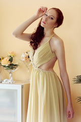 A-line V-neck Halter Floor Length Chiffon Rhinestone Backless Prom Dress-Ballbella