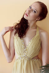 A-line V-neck Halter Floor Length Chiffon Rhinestone Backless Prom Dress-Ballbella