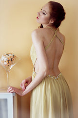 A-line V-neck Halter Floor Length Chiffon Rhinestone Backless Prom Dress-Ballbella