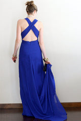 A-line V-neck Halter Floor Length Crossed Back Chiffon Evening Dress-Ballbella