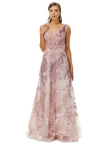 A-line V-neck Lace Beaded Applique Floor-length Sleeveless Prom Dress-Ballbella