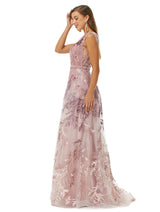 A-line V-neck Lace Beaded Applique Floor-length Sleeveless Prom Dress-Ballbella