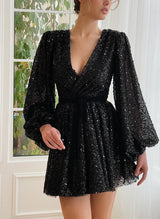 A-Line V-Neck Long Sleeves Short/Mini Sequined Homecoming Dresses-Ballbella