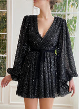 A-Line V-Neck Long Sleeves Short/Mini Sequined Homecoming Dresses-Ballbella