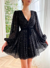 A-Line V-Neck Long Sleeves Short/Mini Sequined Homecoming Dresses-Ballbella