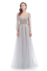 A-line V-neck Sequined Floor-length Open Back Long Sleeve Appliques Lace Prom Dress-Ballbella