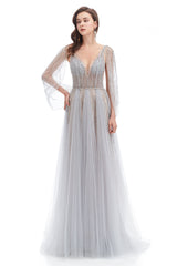 A-line V-neck Sequined Floor-length Open Back Long Sleeve Appliques Lace Prom Dress-Ballbella