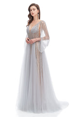 A-line V-neck Sequined Floor-length Open Back Long Sleeve Appliques Lace Prom Dress-Ballbella