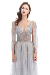 A-line V-neck Sequined Floor-length Open Back Long Sleeve Appliques Lace Prom Dress-Ballbella