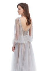 A-line V-neck Sequined Floor-length Open Back Long Sleeve Appliques Lace Prom Dress-Ballbella