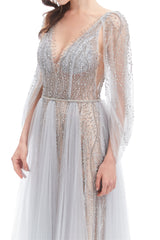 A-line V-neck Sequined Floor-length Open Back Long Sleeve Appliques Lace Prom Dress-Ballbella