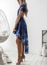 A-Line V-Neck Short Sleeves Asymmetrical Lace Homecoming Dresses-Ballbella