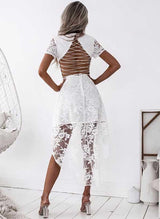 A-Line V-Neck Short Sleeves Asymmetrical Lace Homecoming Dresses-Ballbella