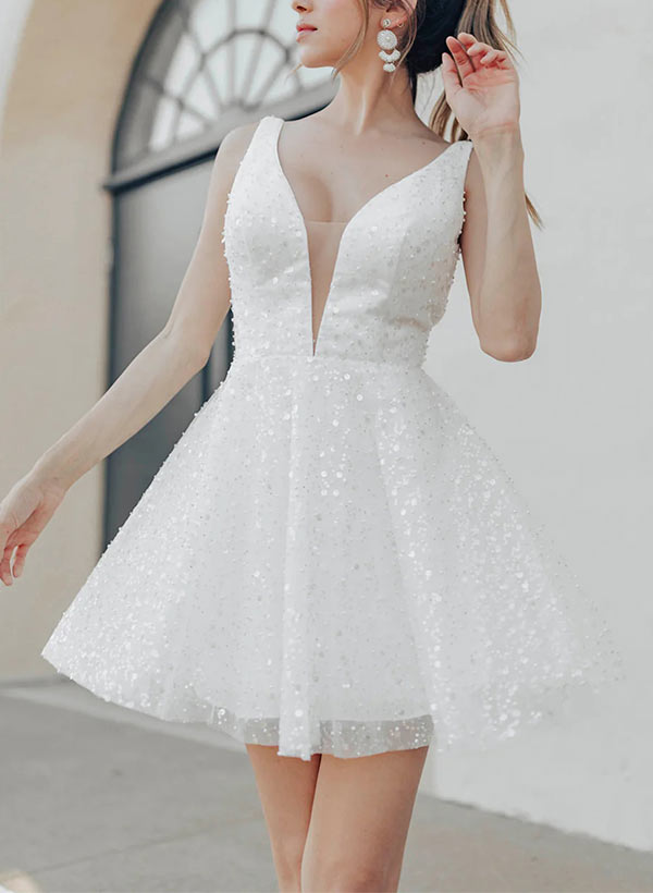 A-Line V-Neck Short Sleeves Short/Mini Sequined Homecoming Dresses A-Line V-Neck Short Sleeves Short/Mini Sequined Homecoming Dresses