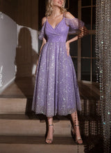 A-Line V-Neck Short Sleeves Tea-Length Homecoming Dresses-Ballbella