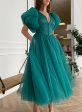 A-Line V-Neck Short Sleeves Tea-Length Tulle Homecoming Dresses-Ballbella